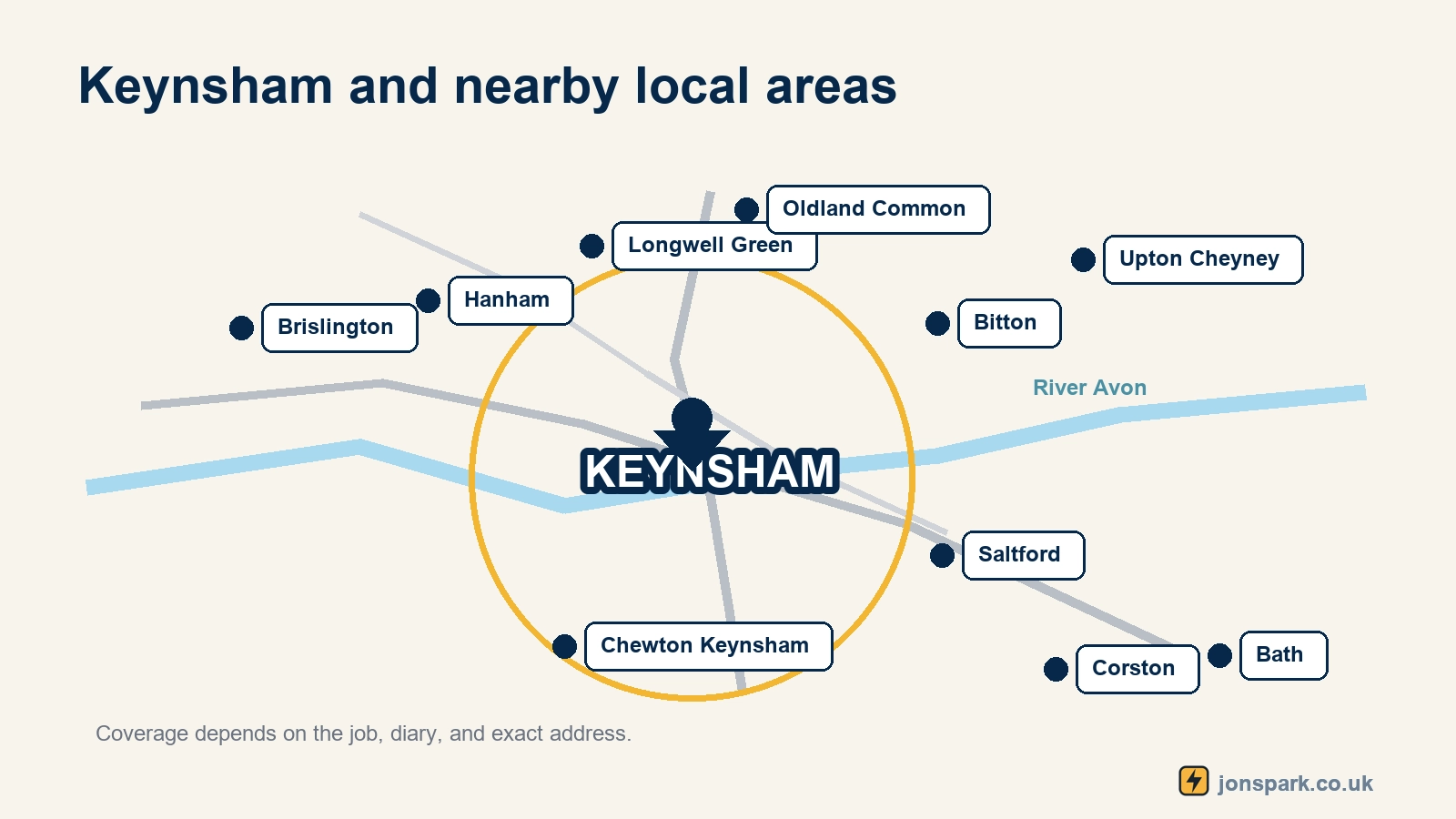 Schematic service area map around Keynsham, East Bristol and nearby Bath areas