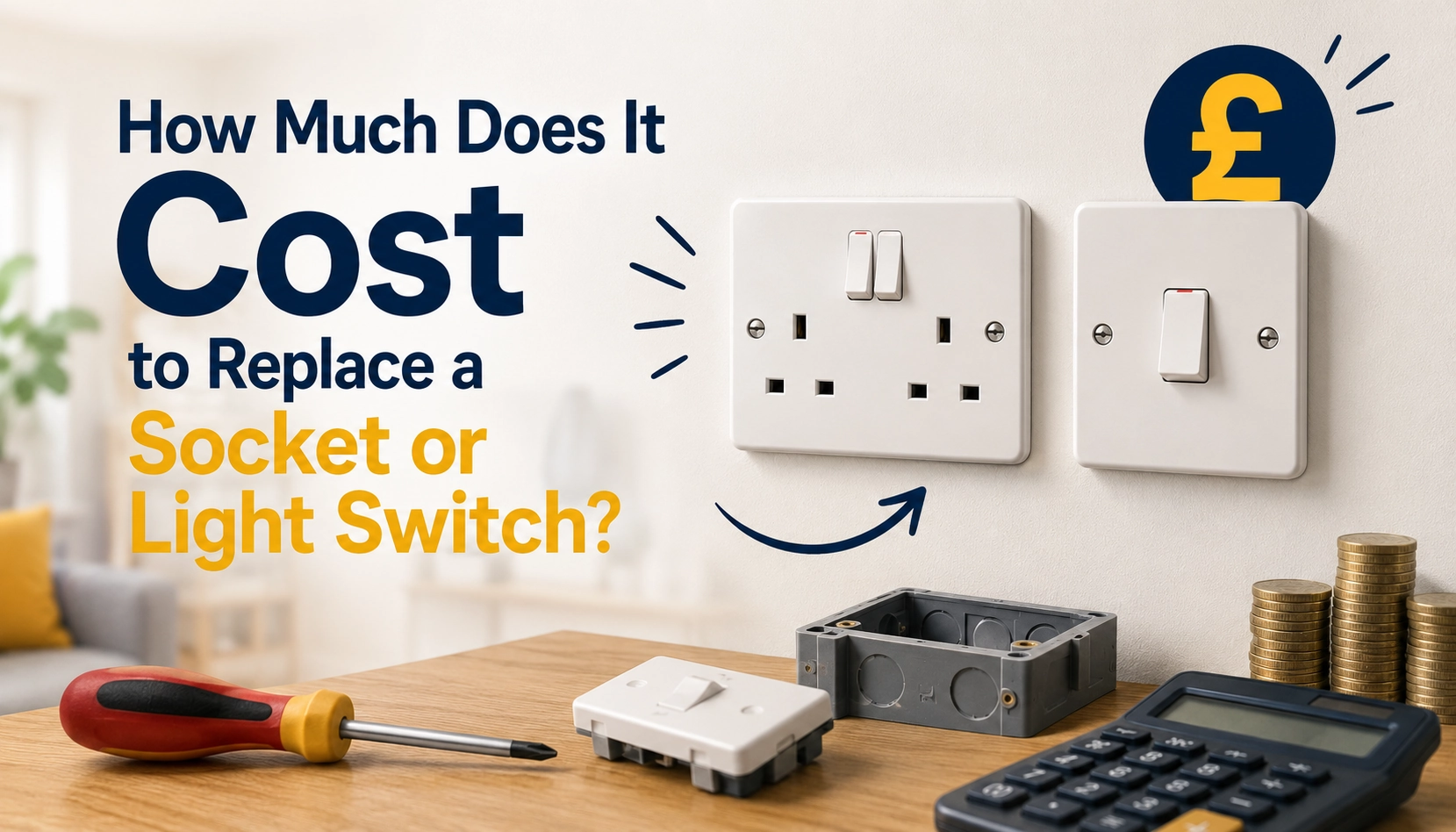 UK socket and light switch replacement cost guide with accessories and pound symbol