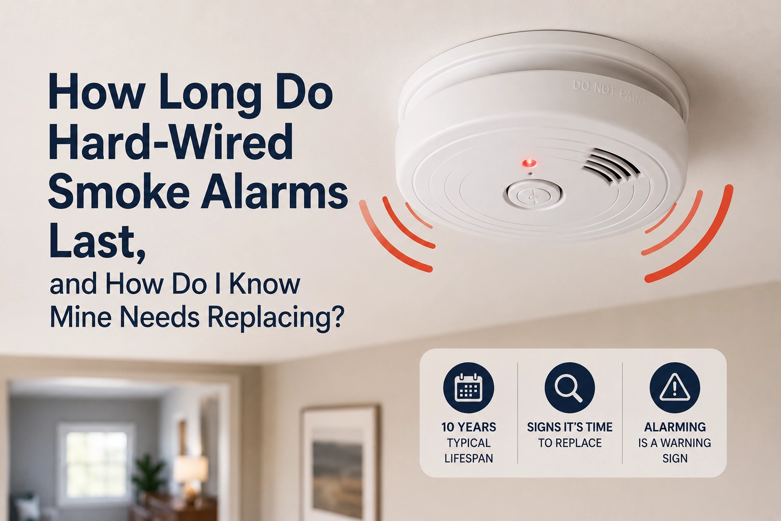 Hard-wired smoke alarm lifespan and replacement guide showing a ceiling-mounted smoke alarm
