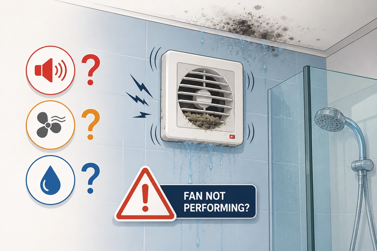 Bathroom extractor fan not performing with warning icons for noise, weak airflow and moisture