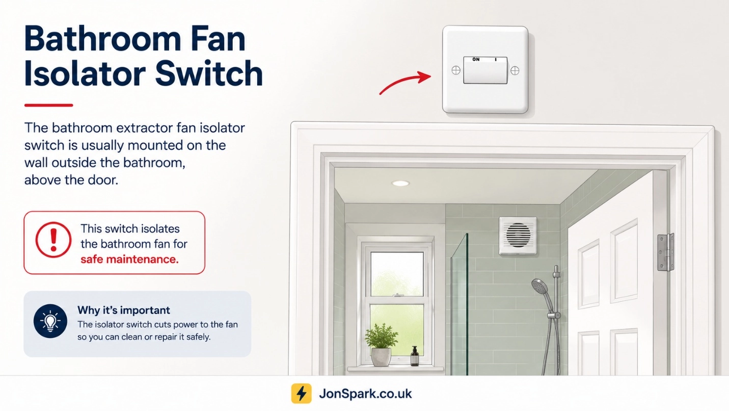 Bathroom fan isolator switch above a bathroom door in a UK home