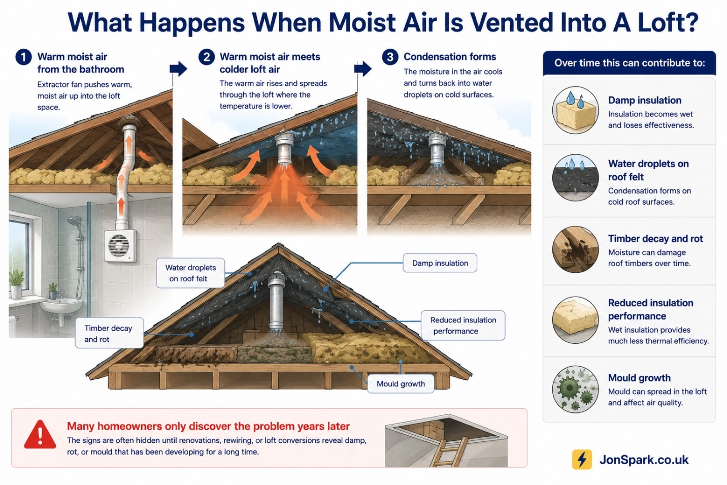 Diagram showing problems caused when moist bathroom fan air is vented into a loft