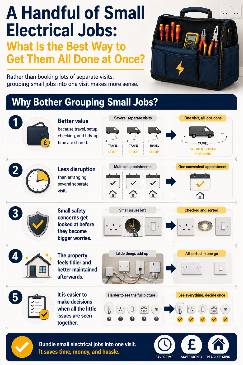 Benefits of grouping small electrical jobs into one visit including better value, less disruption and clearer decisions