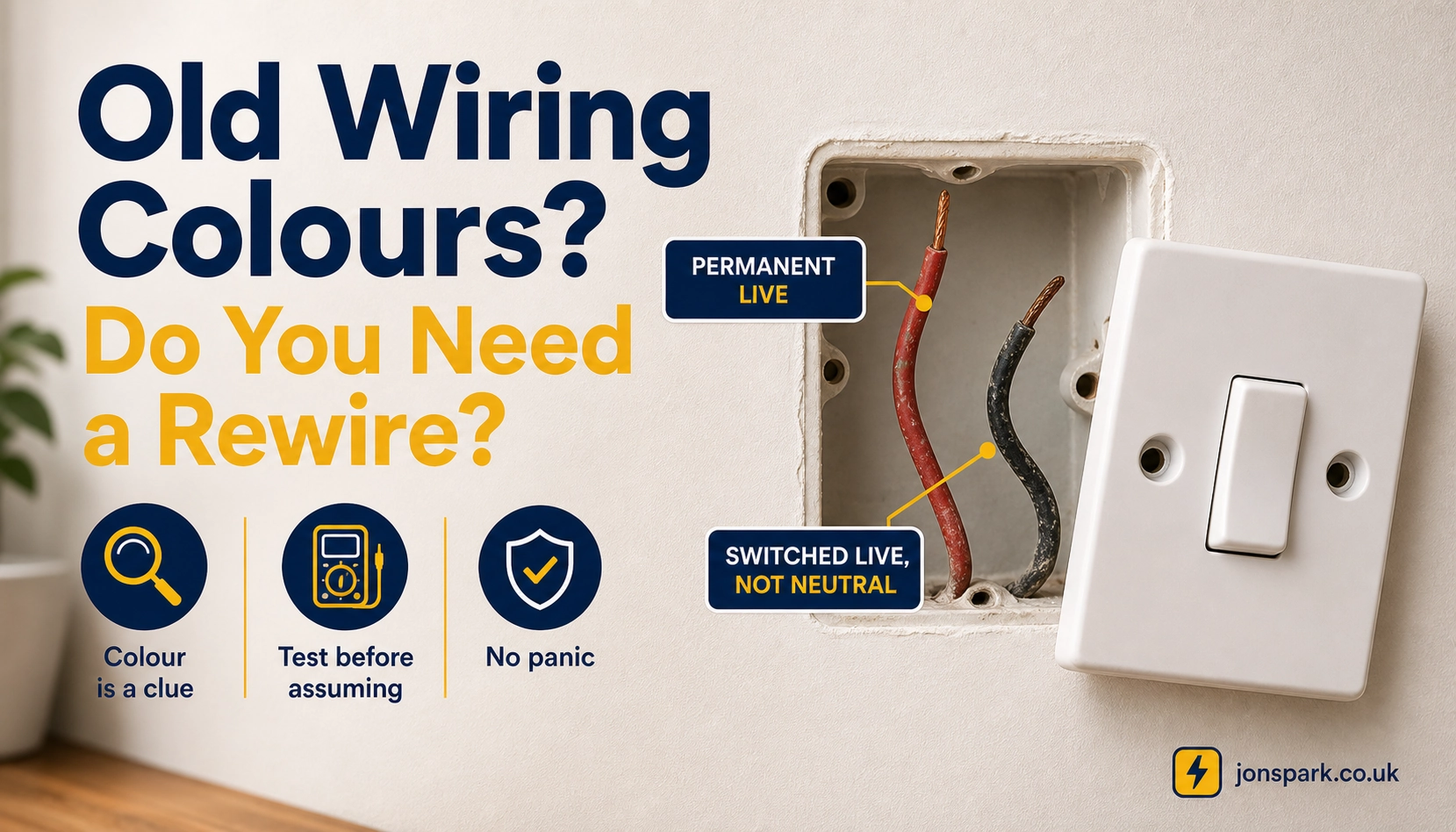 Old UK red and black light switch wiring guide explaining that colour is a clue, not a rewire verdict